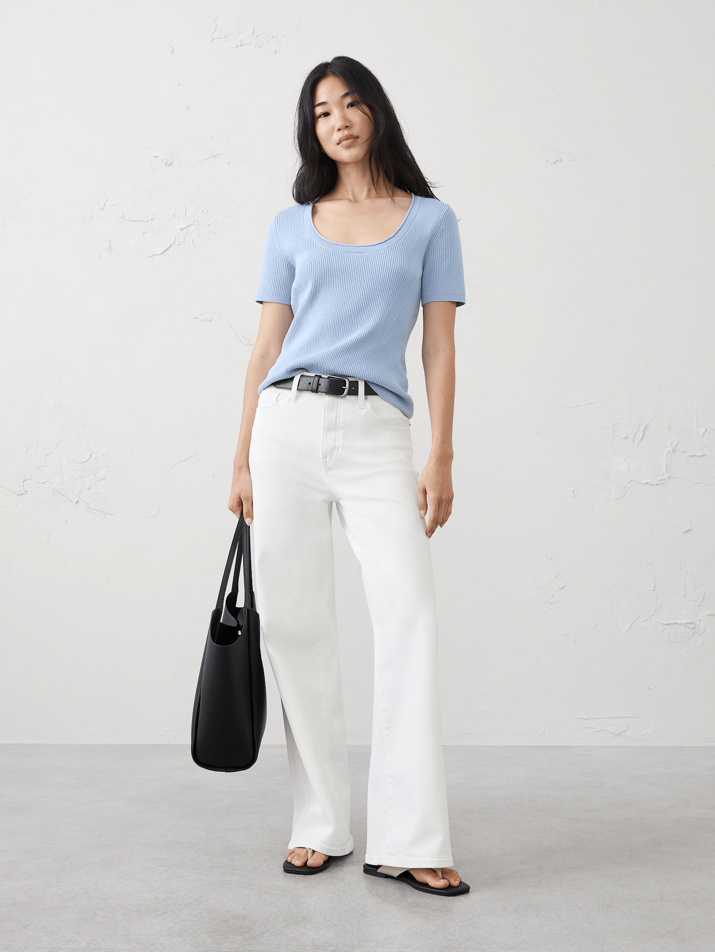 Image 1 of 5, This sweater showcases a classic ribbed texture with effortless appeal. Ideal for in‑between seasons, it’s an easy go‑to for everyday wear., Rolled scoopneck. Short sleeves., Fitted at the waist., Ribbed neck, arm cuffs and hem., Straight hem., Made exclusively for Banana Republic Factory., Product #1176454