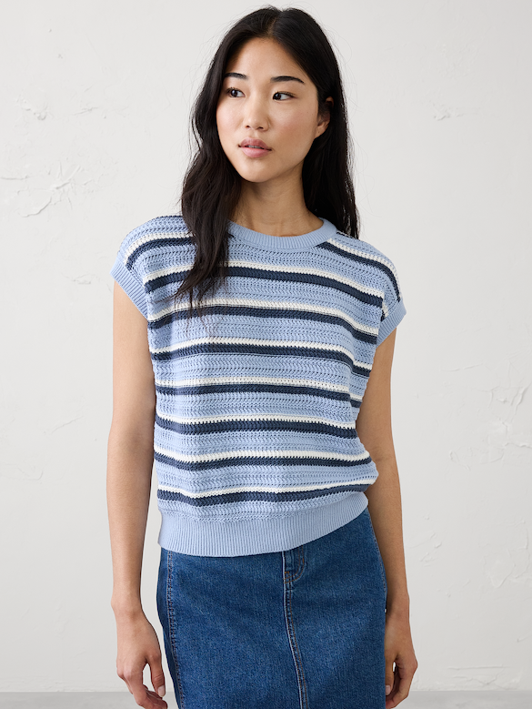Cotton Striped Textured Cap-Sleeve Sweater