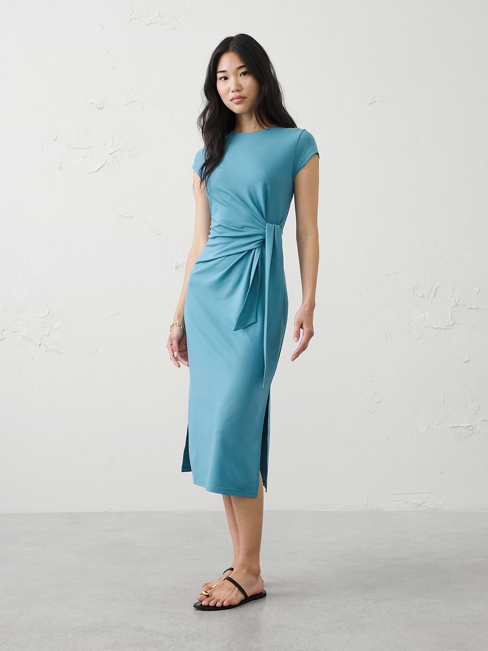 Women's Side-Tie Knit Midi Dress Bahama Bay Blue Regular Size L