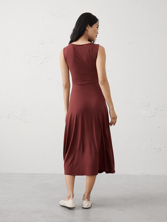 Shirred V-Neck Midi Dress