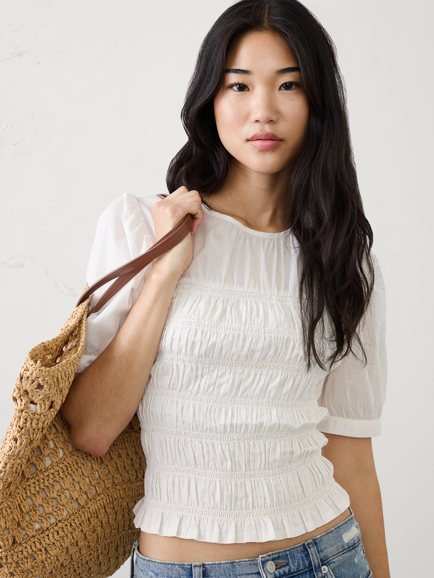 Image number 1 showing, High-Neck Smocked Cropped Top