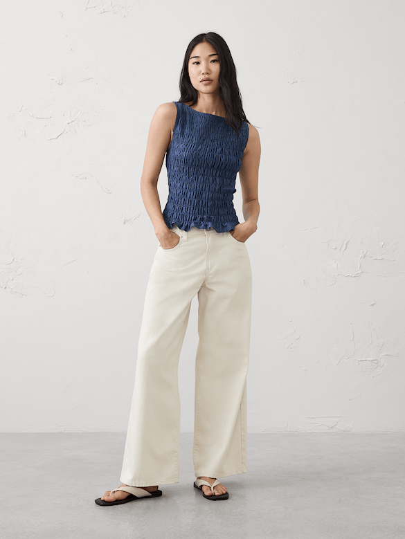 Boatneck Smocked Cropped Top