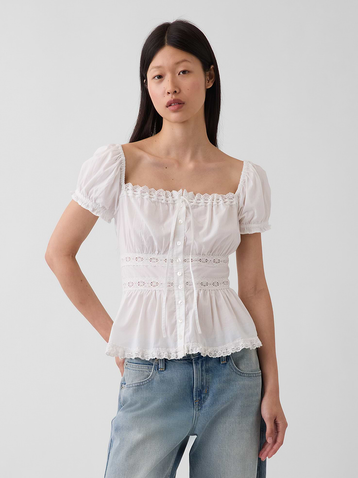 Image number 1 showing, Square-Neck Lace-Trim Peplum Top