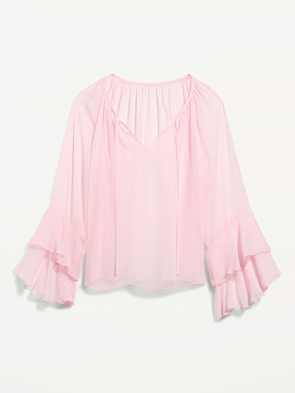 Sheer Chiffon Bell-Sleeve Top