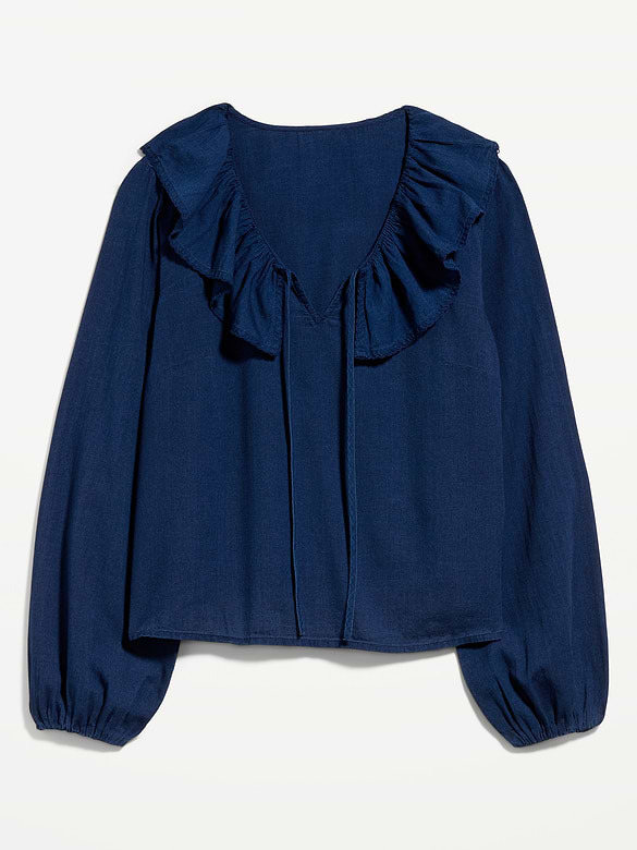 Long-Sleeve Ruffle Tie-Neck Top