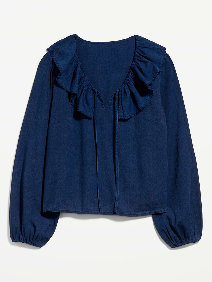 Image number 9 showing, Long-Sleeve Ruffle Tie-Neck Top