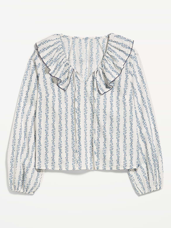 Long-Sleeve Ruffle Tie-Neck Top