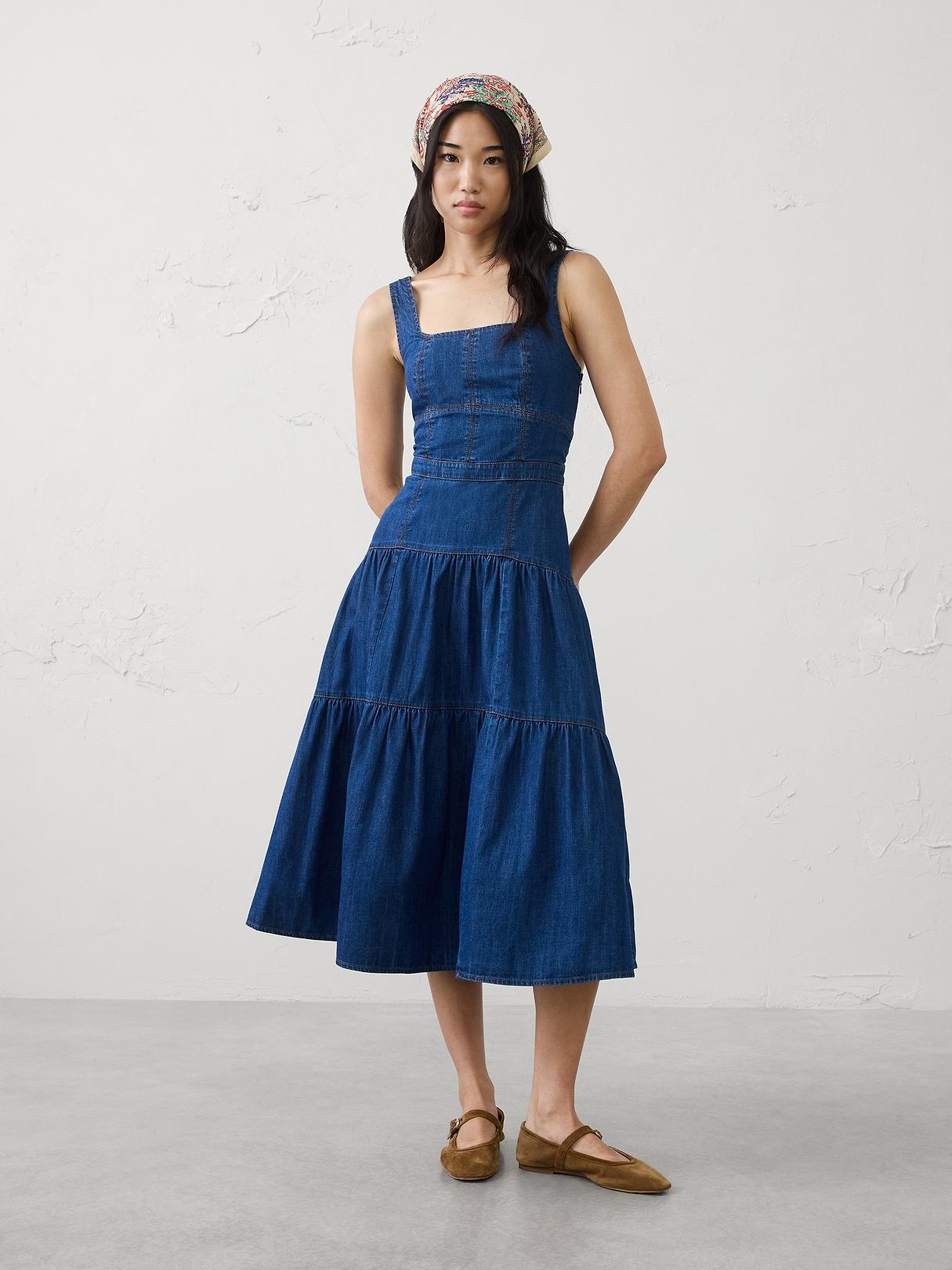 Square-Neck Tiered Denim Midi Dress | Banana Republic Factory