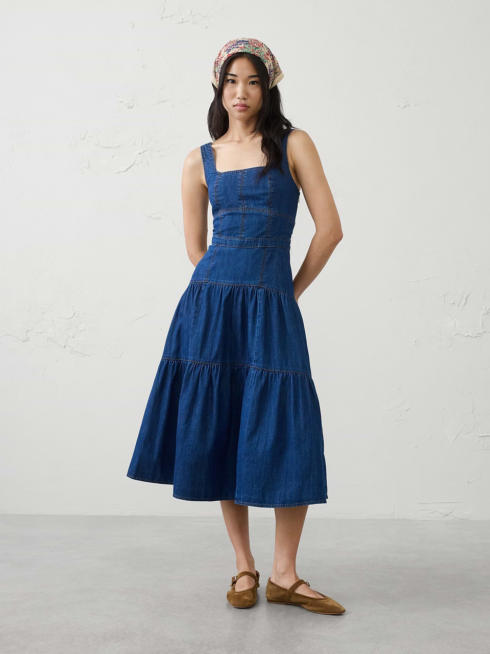 Women's Square-Neck Tiered Denim Midi Dress Dark Wash Regular Size 8