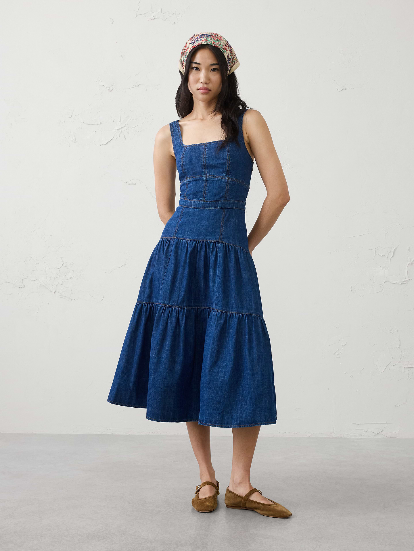 Image number 1 showing, Square-Neck Tiered Denim Midi Dress