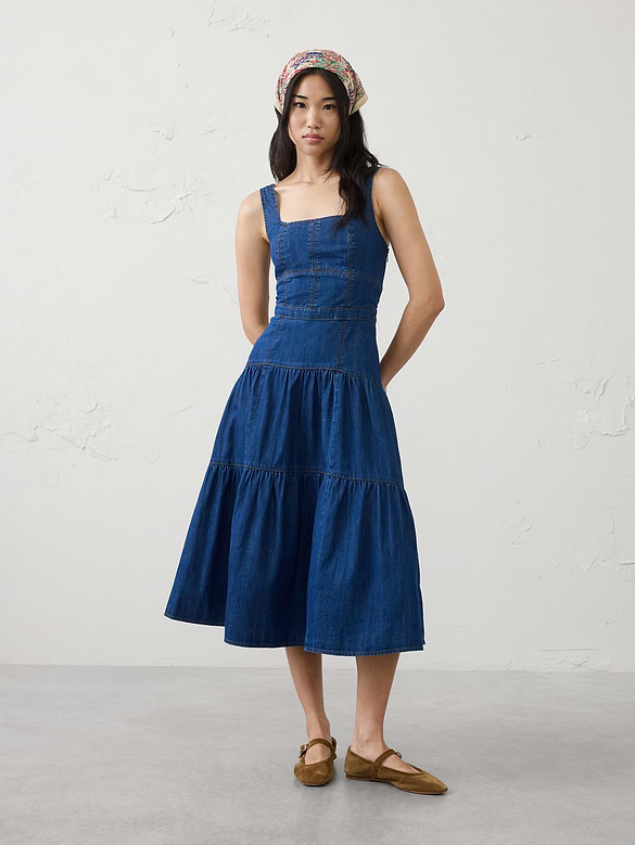 Square-Neck Tiered Denim Midi Dress