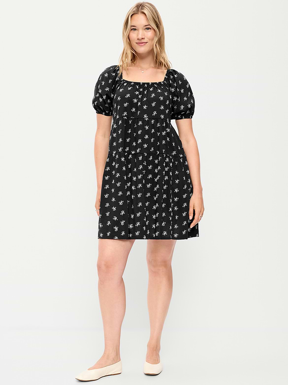 Puff-Sleeve Smocked Mini Swing Dress