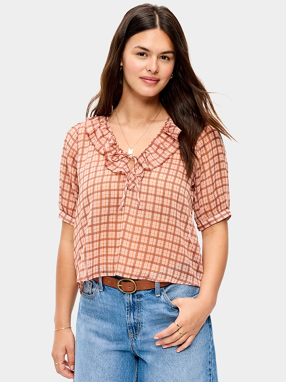 Ruffle Collar Tie-Front Chiffon Top