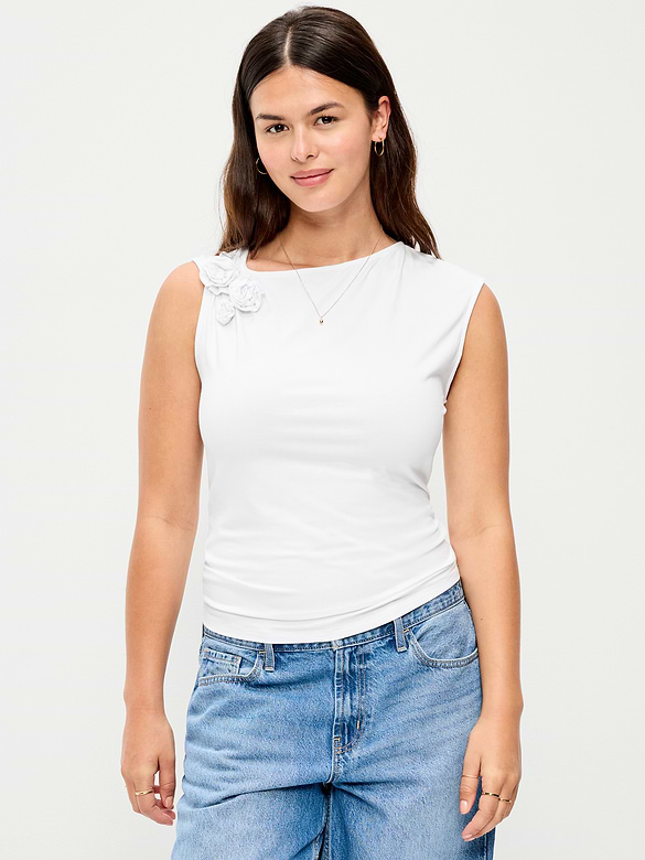 Gathered-Shoulder Rosette Top