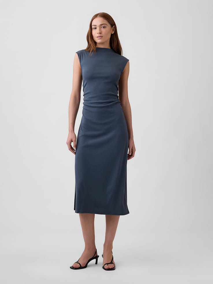 Image number 1 showing, Modern Ribbed Sleeveless Mockneck Midi Dress