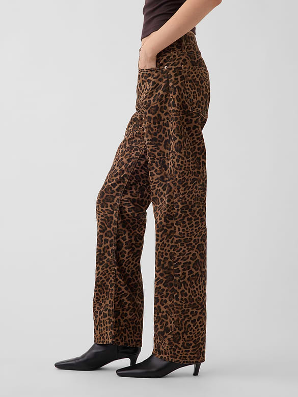 Mid Rise Straight Taper Leopard Jeans