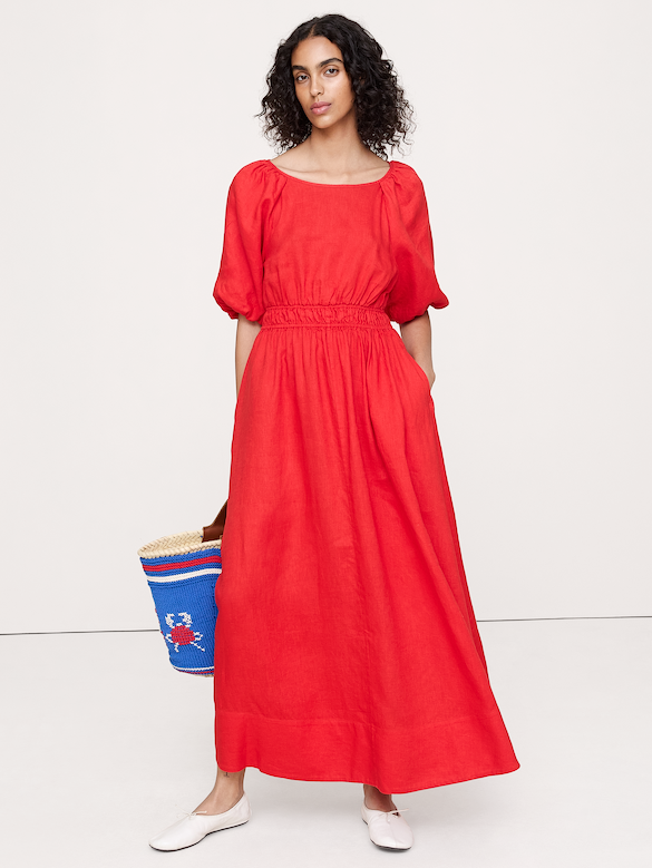Linen Puff-Sleeve Maxi Dress