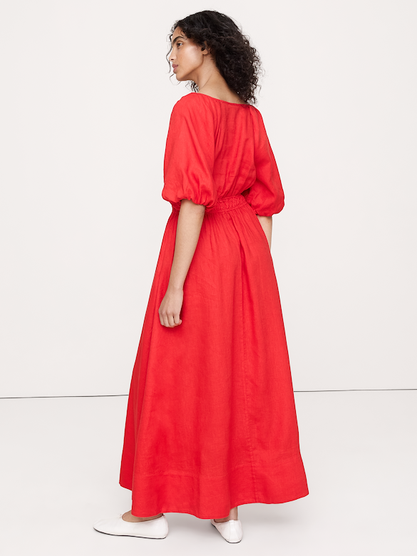 Linen Puff-Sleeve Maxi Dress
