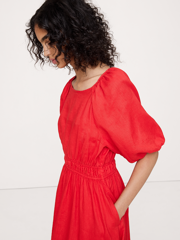 Linen Puff-Sleeve Maxi Dress