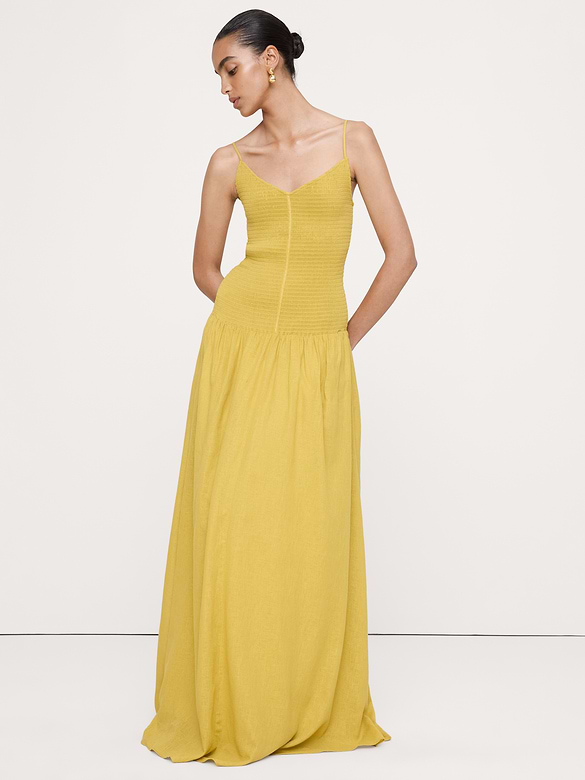 Linen-Cotton Gauze Smocked Maxi Dress