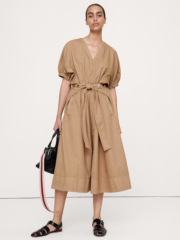 Cotton Twill Puff-Sleeve Midi Dress