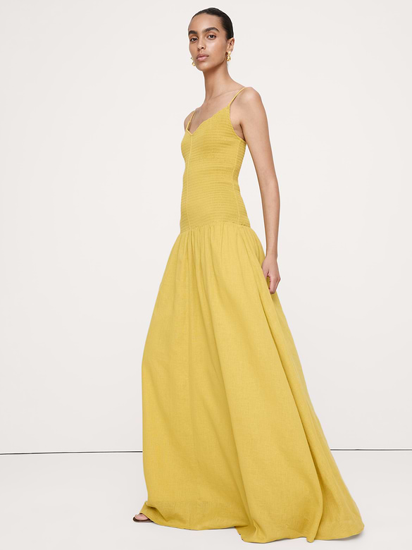 Linen-Cotton Gauze Smocked Maxi Dress