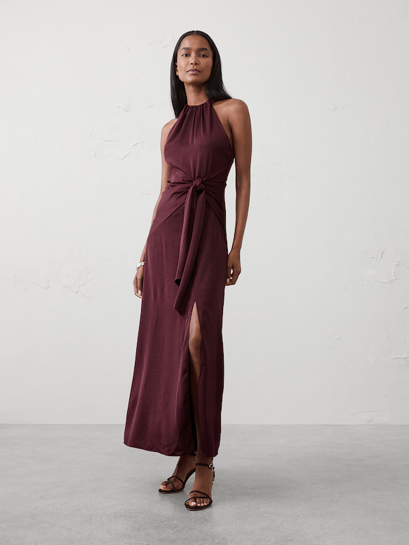 Satin Halter Tie-Waist Maxi Dress
