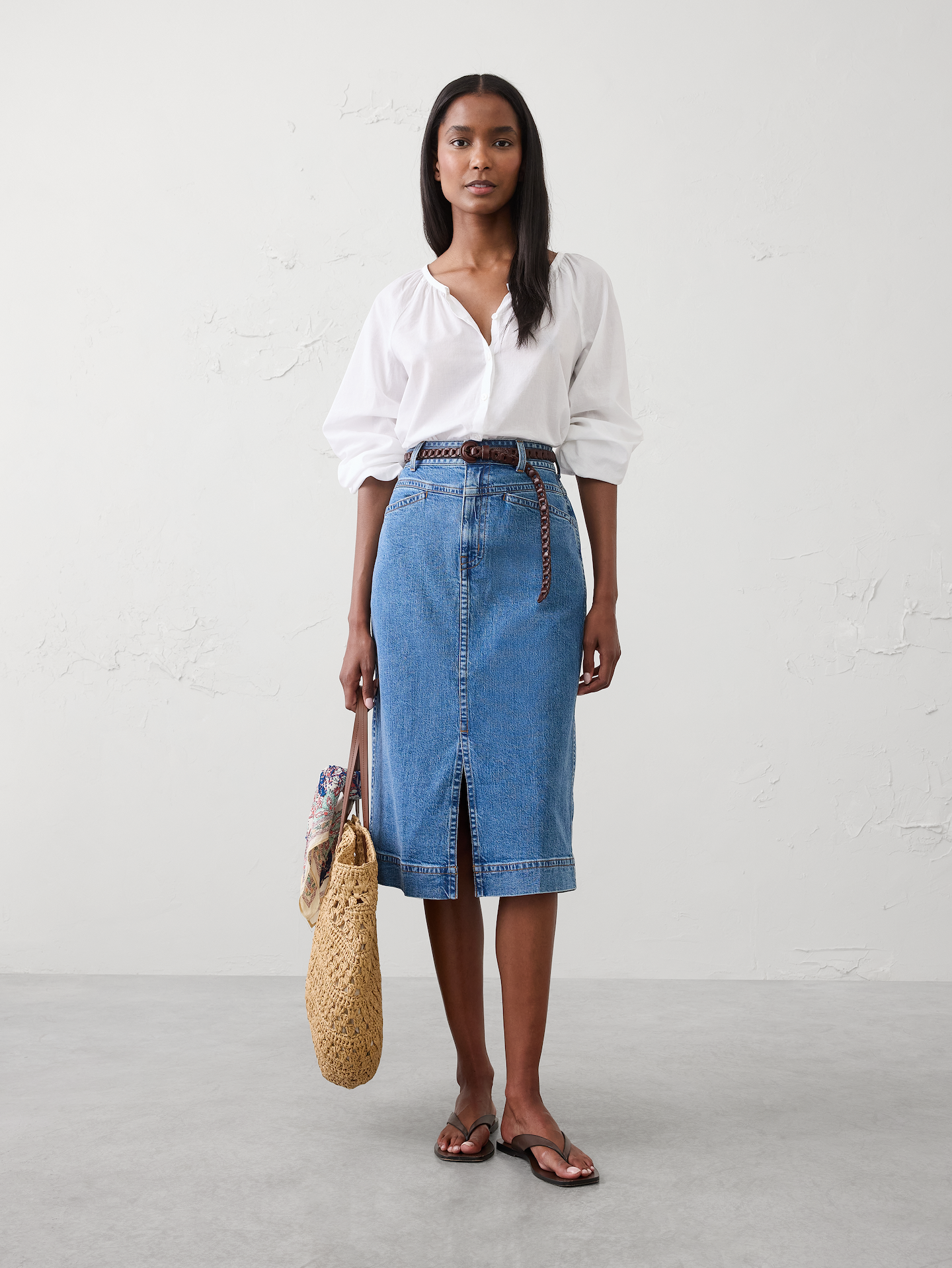 Image number 1 showing, Denim Slit-Front Midi Skirt