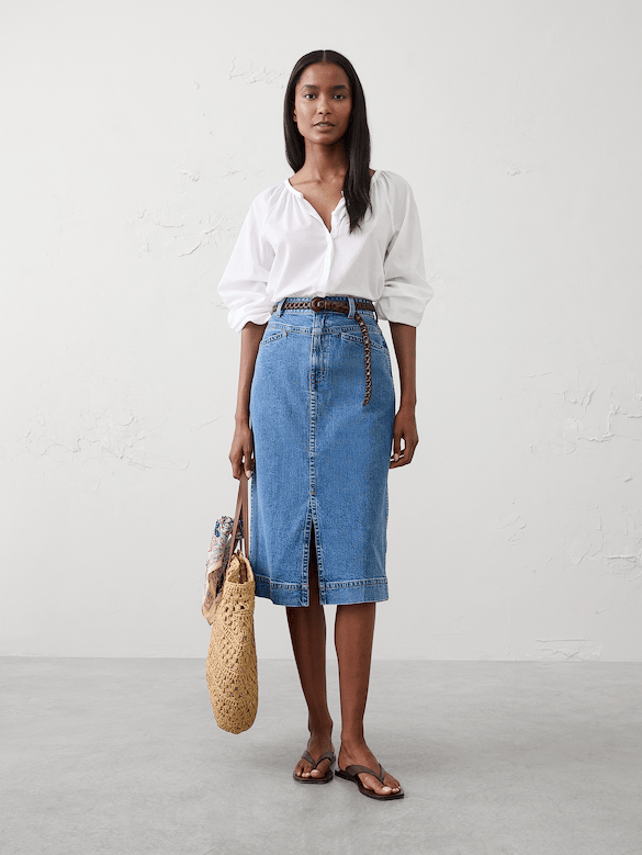 Denim Slit-Front Midi Skirt