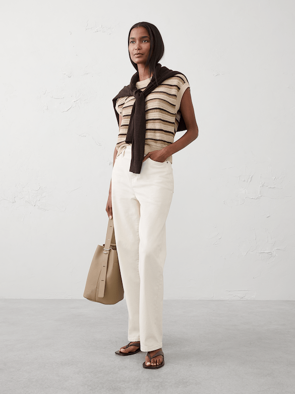 Cotton Striped Textured Cap-Sleeve Sweater