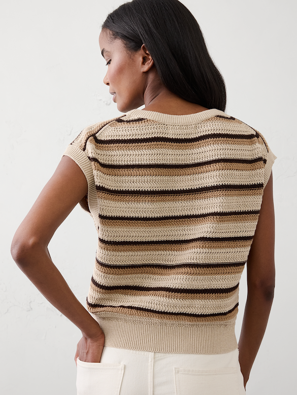 Cotton Striped Textured Cap-Sleeve Sweater
