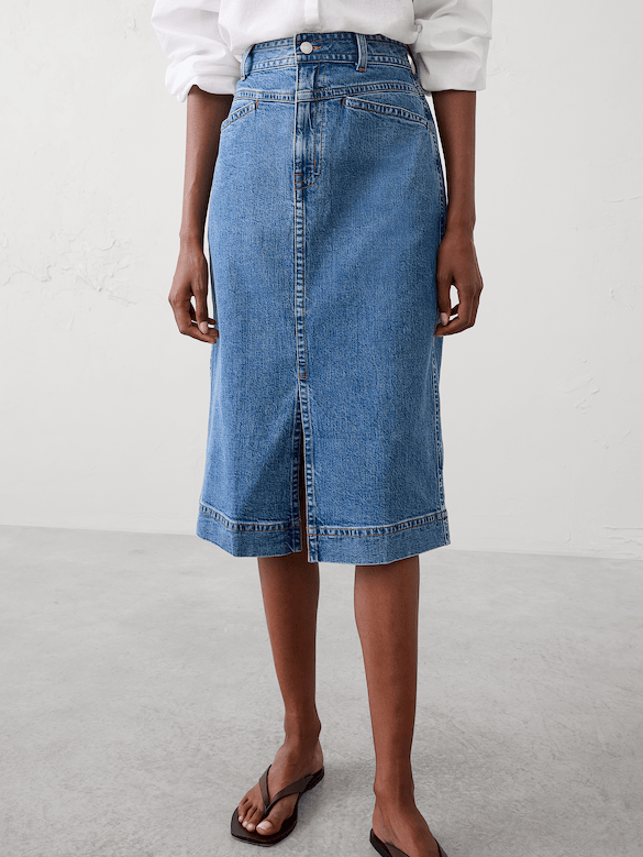 Denim Slit-Front Midi Skirt
