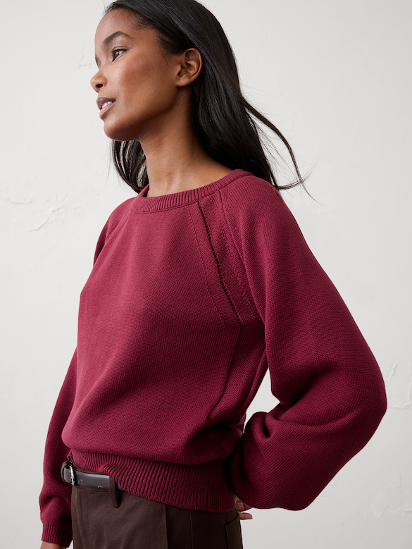 Cotton Pointelle Volume-Sleeve Sweater