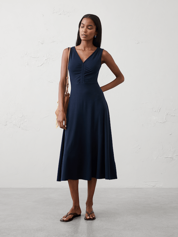 Shirred V-Neck Midi Dress