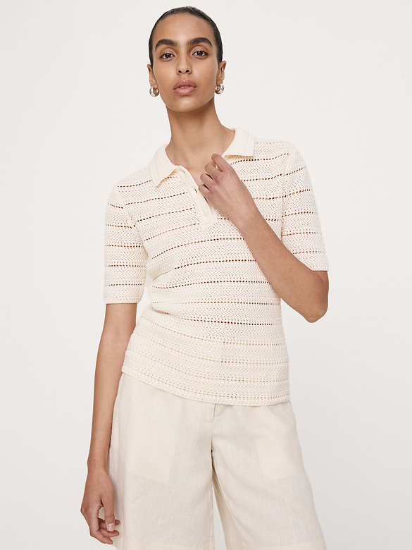 Crochet Stripe Cotton Sweater Polo