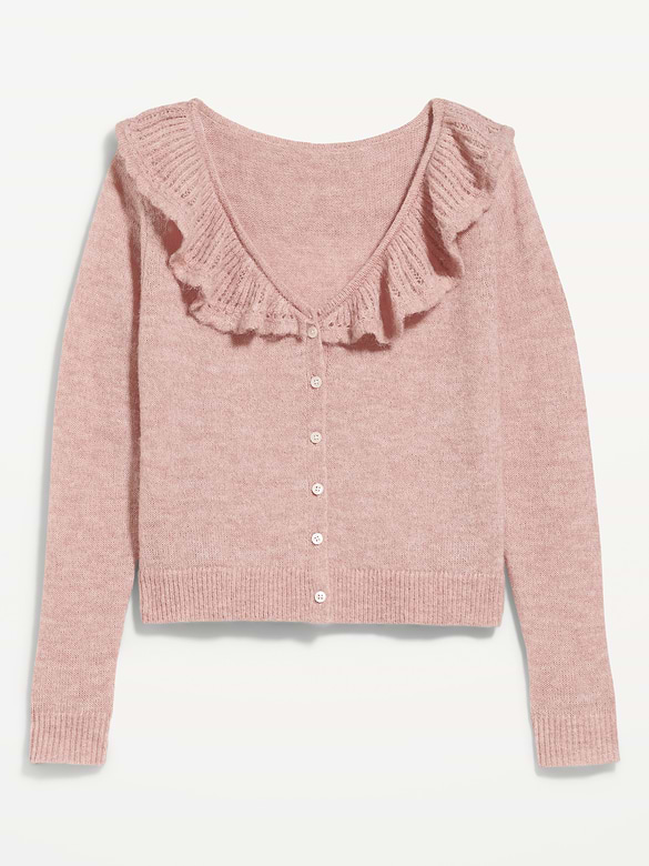 Ruffle-Collar Pointelle Cardigan