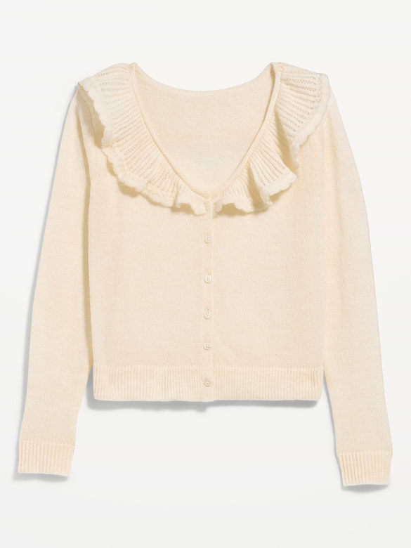 Ruffle-Collar Pointelle Cardigan