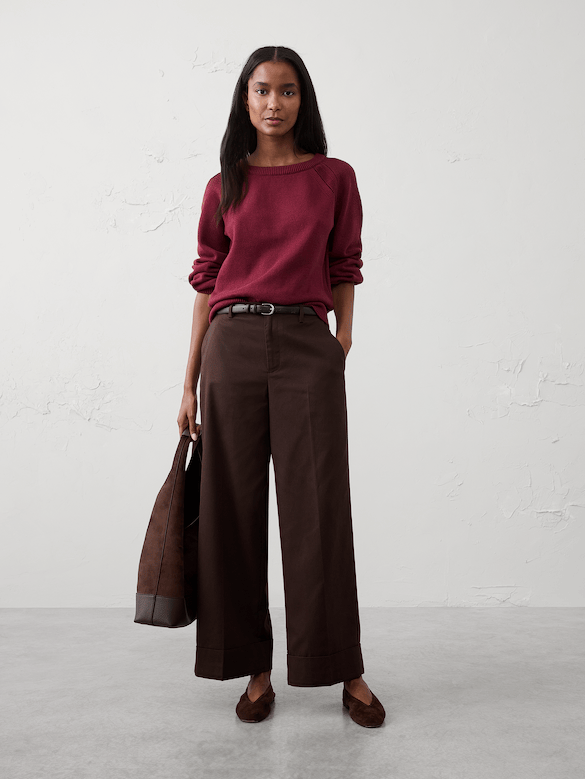 Wide-Leg Mid-Rise Drapey Twill Cuffed Pant