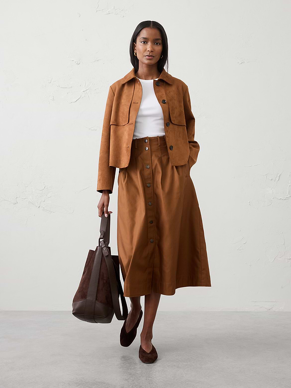Seamed Button-Front Midi Skirt