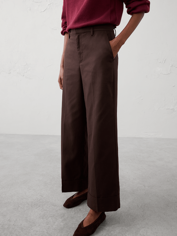 Wide-Leg Mid-Rise Drapey Twill Cuffed Pant