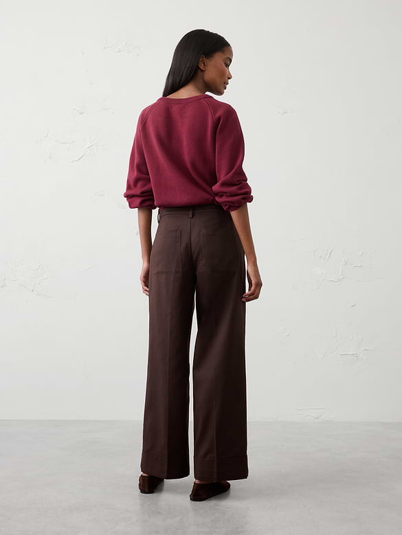 Wide-Leg Mid-Rise Drapey Twill Cuffed Pant