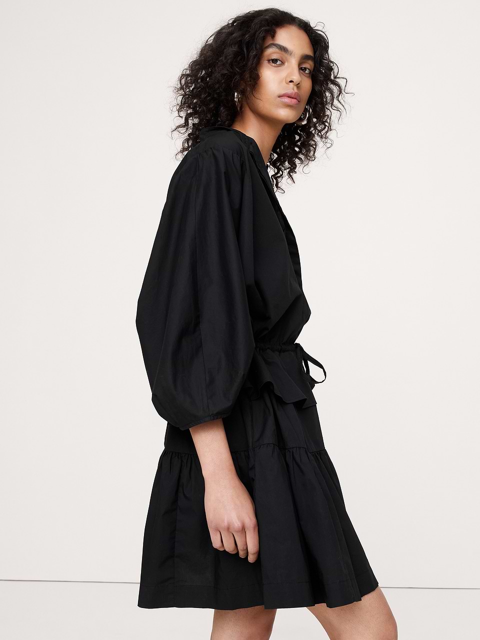 black cotton poplin mini dress Drawstring-Waist site-nav-clothing Dua Lipa Wore a Size:1 UK / 2 US / EU 33 puff sleeves with elastic