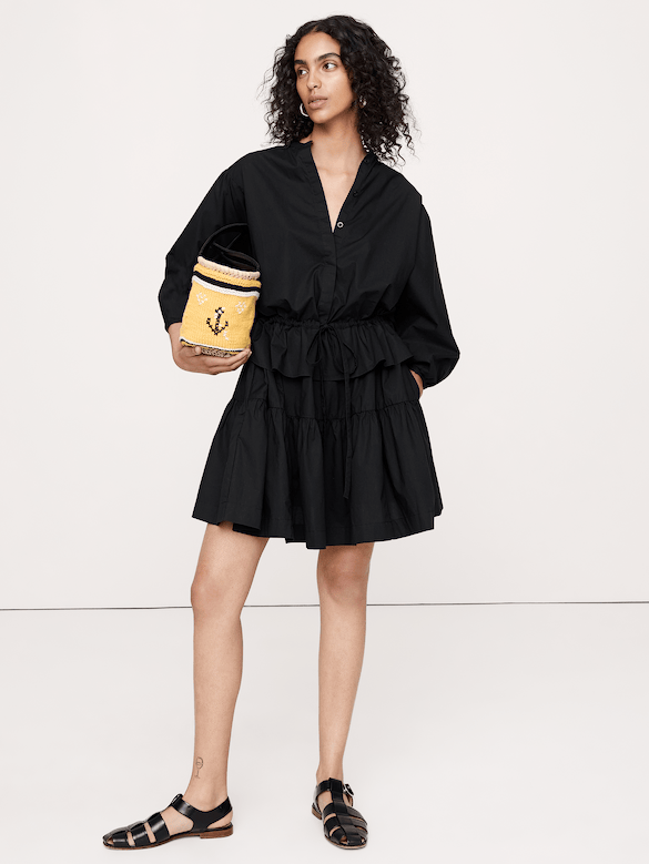 Cotton Poplin Drawstring-Waist Mini Dress