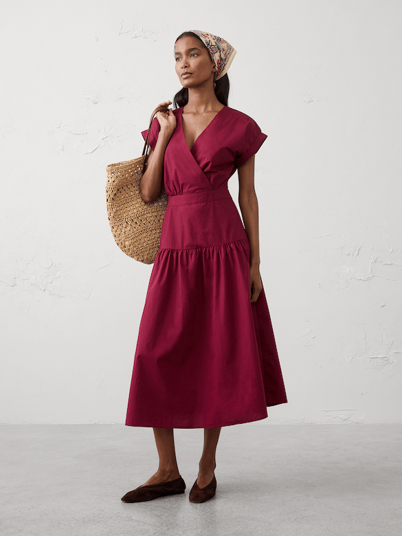 Poplin Surplice Midi Dress