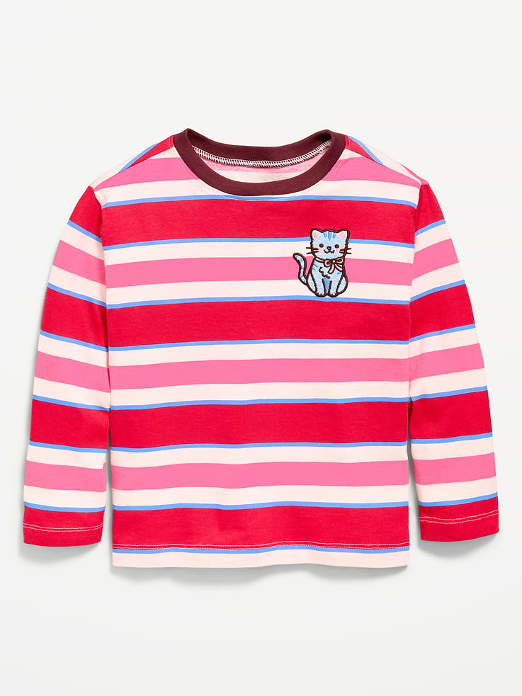 Image 1 of 2, crew neck, long sleeves, drop shoulders, small-scale graphic at chest, all-over stripes, Product #909860