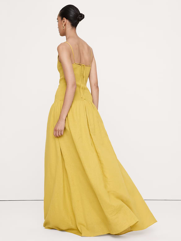 Linen-Cotton Gauze Smocked Maxi Dress
