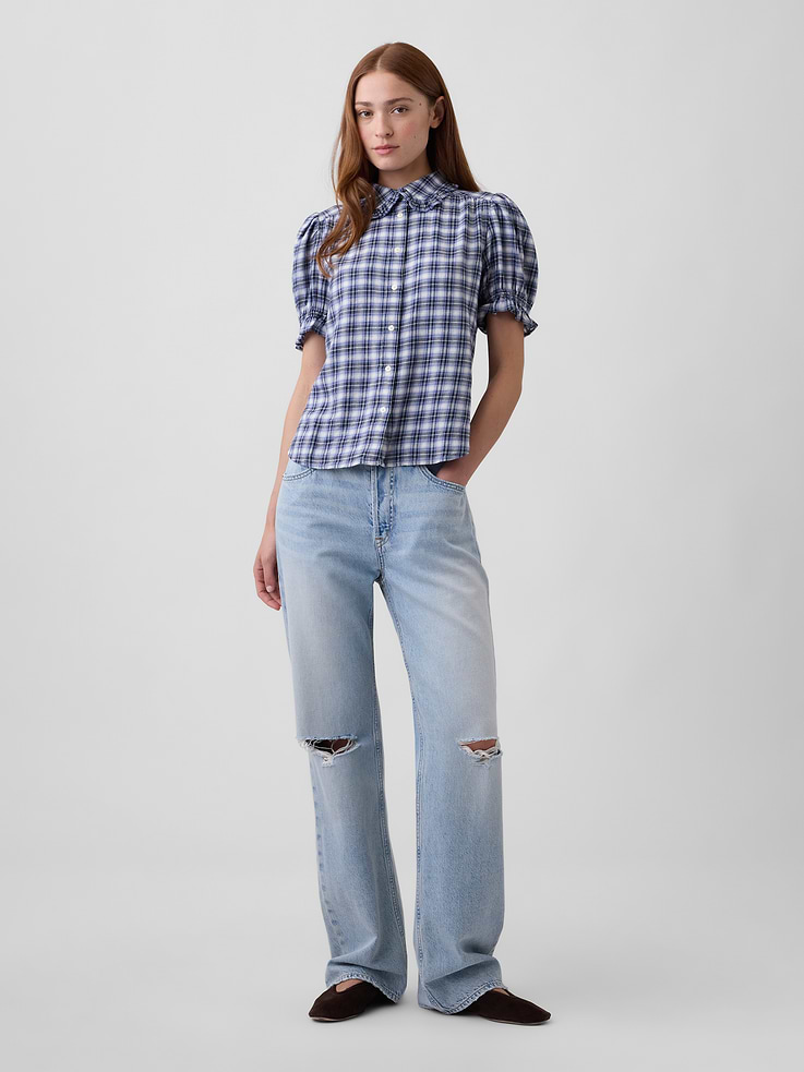 Image 3 of 5, Puff Sleeve Flannel Shirt