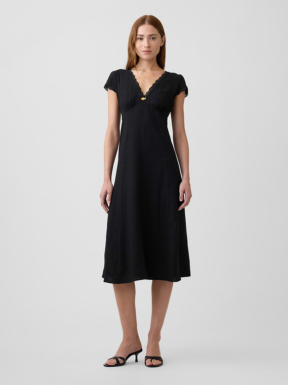 Linen-Blend Lace-Trim Midi Dress