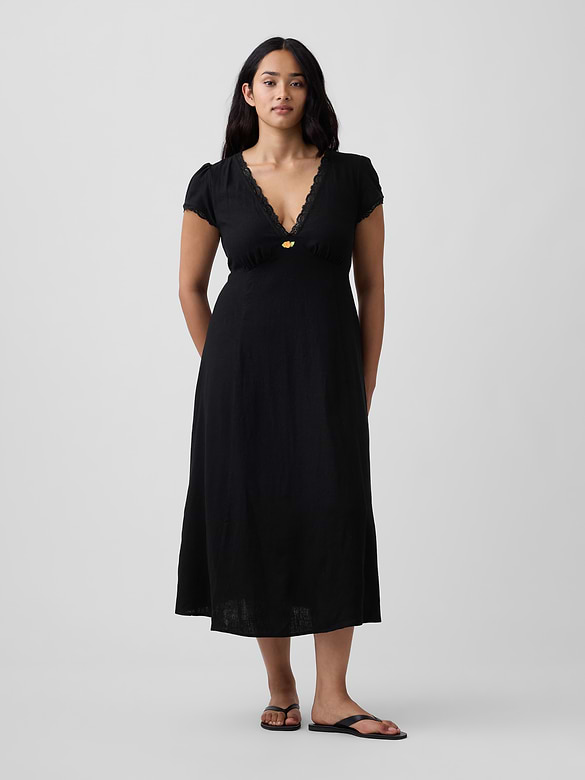 Linen-Blend Lace-Trim Midi Dress