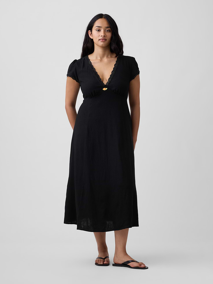 Image 4 of 6, Linen-Blend Lace-Trim Midi Dress